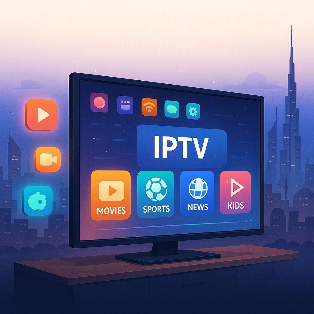 Modern IPTV interface displayed on a smart TV with categories for Sports, Movies, News, and Kids in a stylish living room.