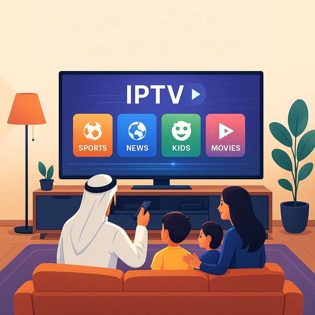 Emirati family watching IPTV together on a smart TV with categories like Sports, News, Kids, and Movies.