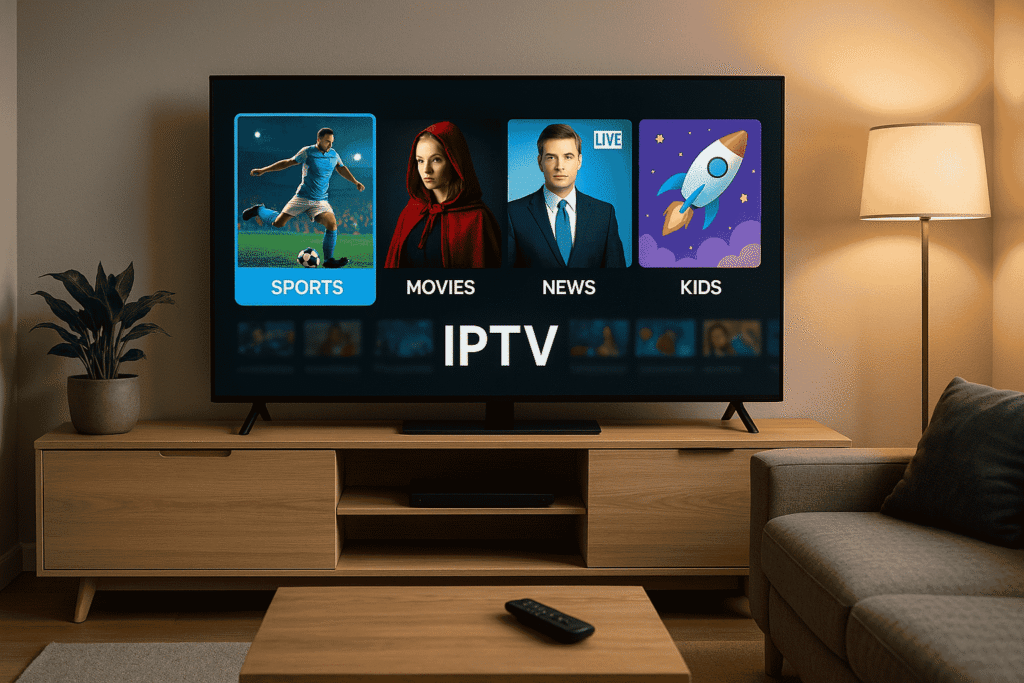 IPTV home screen interface showing entertainment categories like Movies, Sports, News, and Kids in a Dubai skyline background.