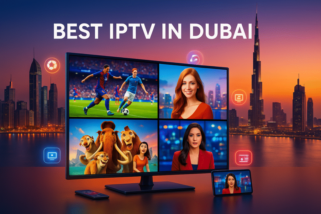A digital advertisement for IPTV services in Dubai showing multiple screens streaming sports, movies, and news content in front of the Dubai skyline at sunset, with the Burj Khalifa in the background and the text “Best IPTV in Dubai” displayed.