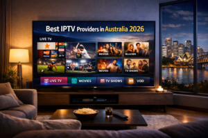 Best IPTV Providers in Australia 2026 streaming live TV channels on smart TV in modern living room