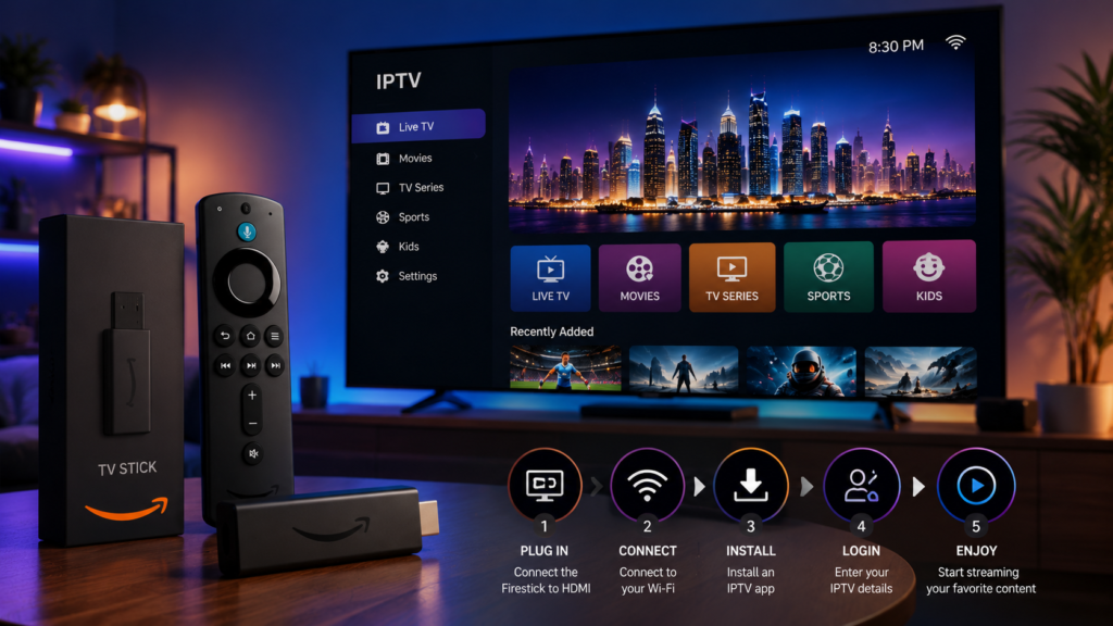 Modern Firestick IPTV setup with smart TV streaming interface in a futuristic living room